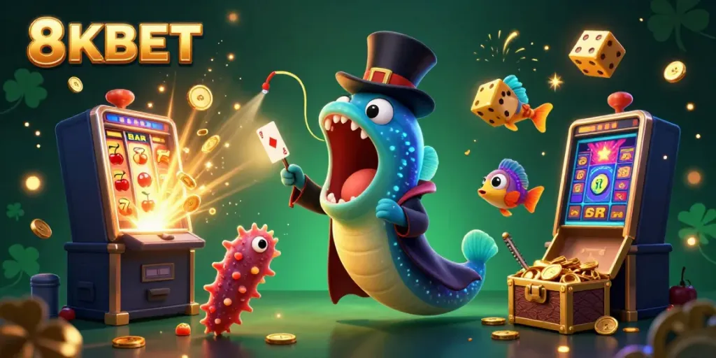 Experience 8KBET excitement as deep-sea characters perform magical casino tricks in a vibrant underwater setting.