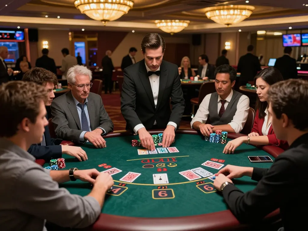 See CM88 players engaging in a competitive blackjack game with stacked chips on the table.