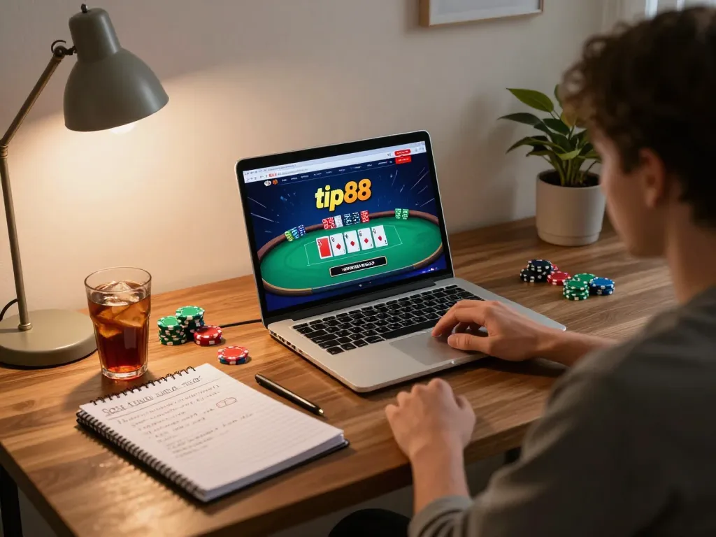 Enjoying online casino gaming at tip88 with engaging poker session on laptop
