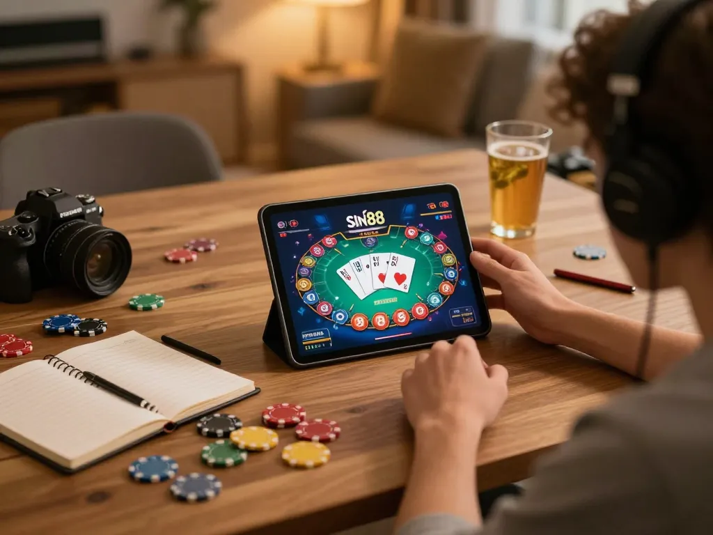 Player enjoying sin88 online gaming with tablet displaying card game and chips on table