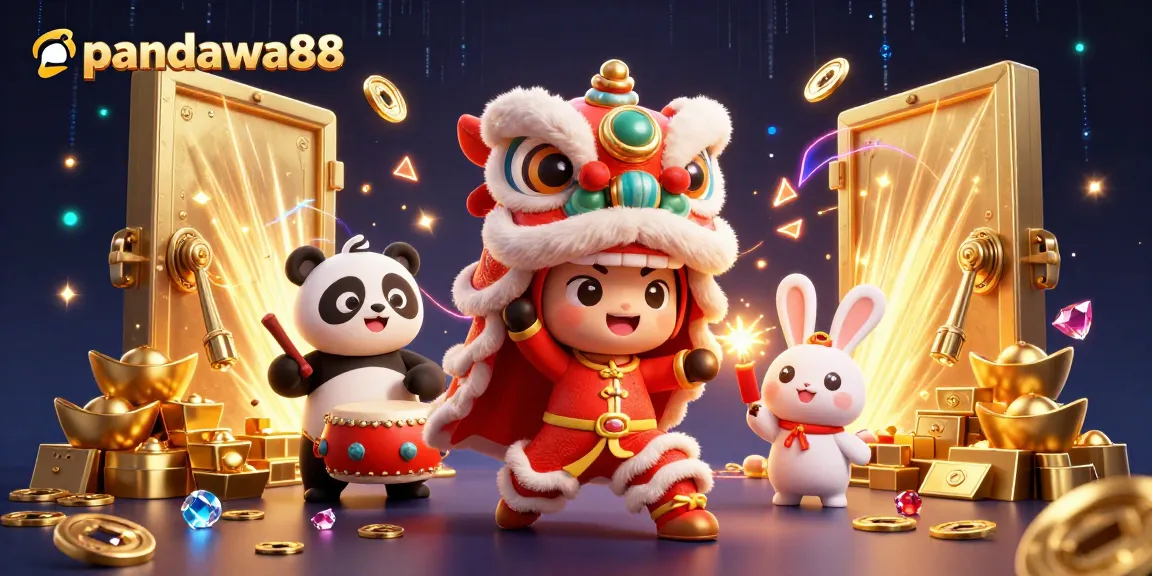 Pandawa88 showcases a vibrant lion dance scene with treasure elements, celebrating casino joy.