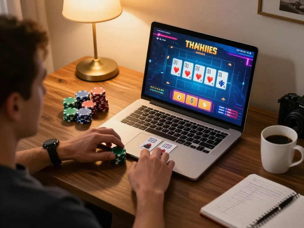 tr88 poker enthusiast placing strategic bets during an online tournament session
