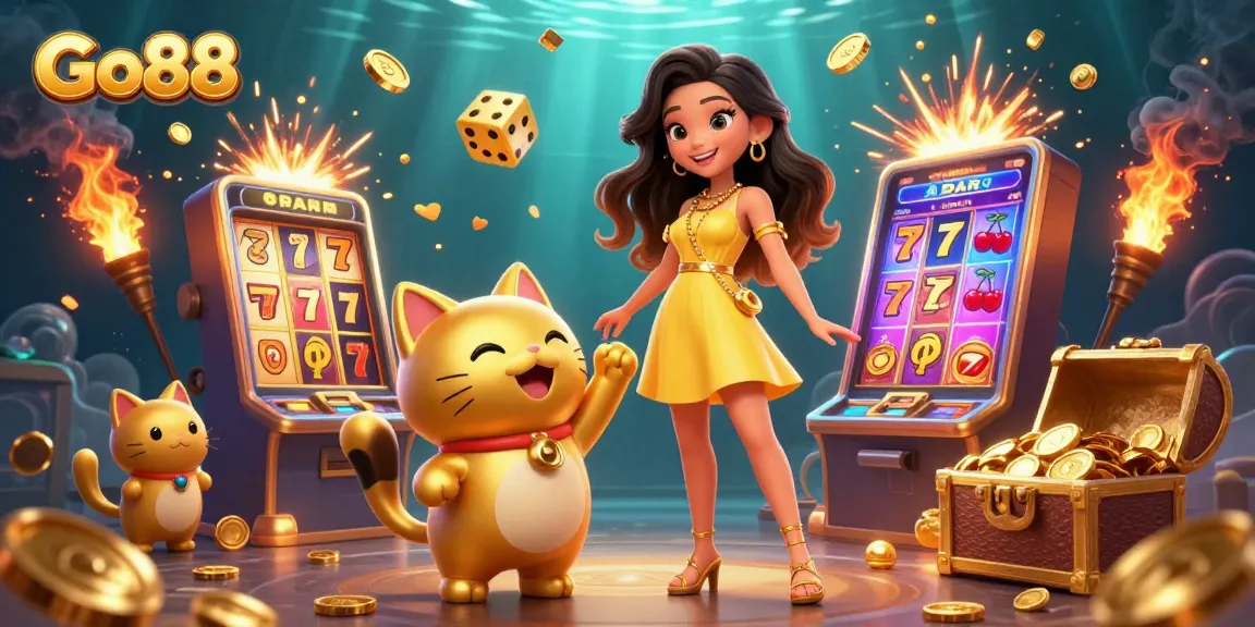 Experience thrilling wins at Go88 with a cheerful Asian woman, golden lucky cat, and jackpot excitement!