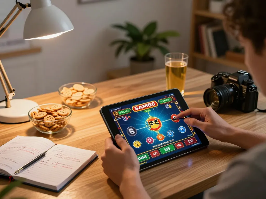 Player enjoying Sam86 mobile casino game with tablet and betting strategy notes for responsible gambling