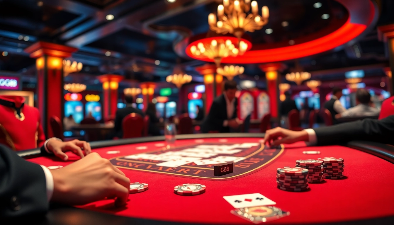 Players enjoying the GG88 experience at a luxurious blackjack table with chips and cards.