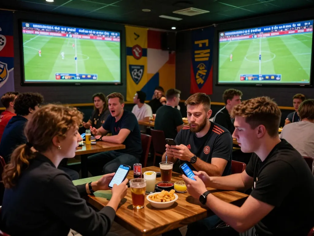Tỷ lệ kèo cúp C1 analyzed by fans at a lively sports bar during a Champions League match.