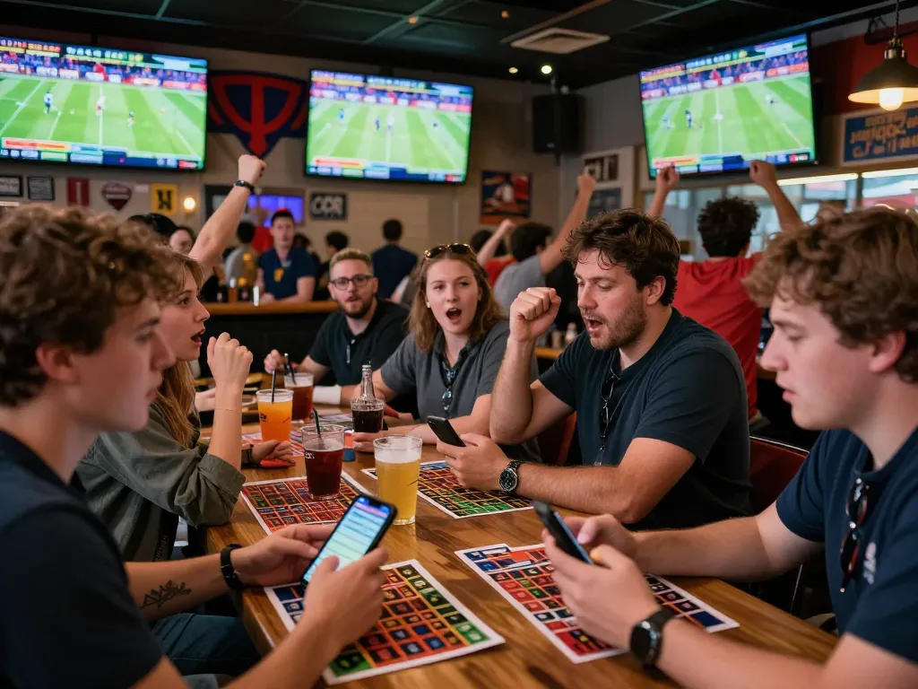 U888 sports bettors cheering in an energetic sports bar while placing wagers.