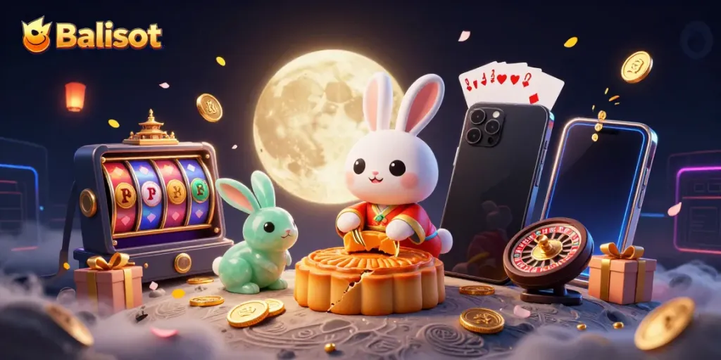 Engage with Balislot featuring a moon rabbit celebrating wins with poker chips on a vibrant gaming landscape.