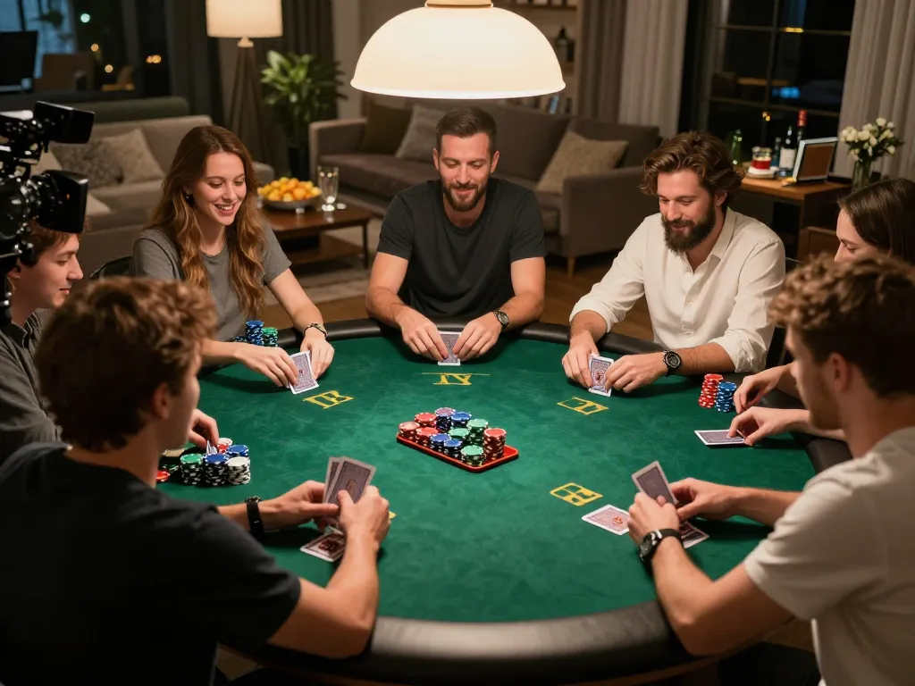 Engaged players at a home poker night with xx88 cards and vibrant chips in a welcoming atmosphere