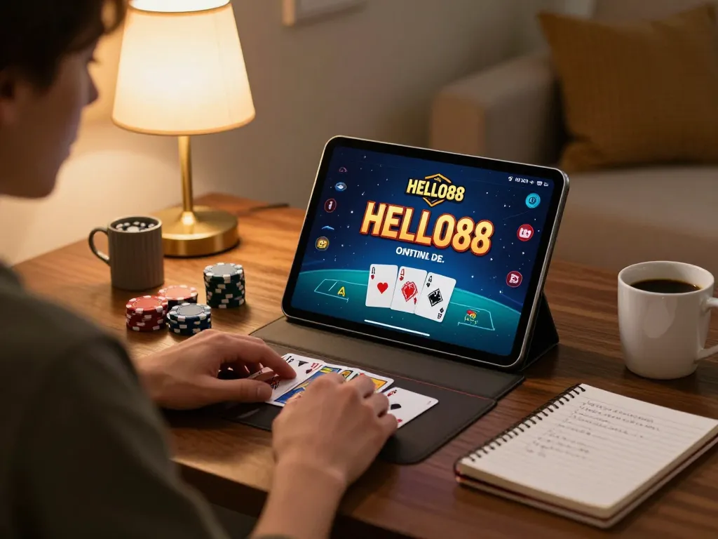 Engaging online poker gameplay at HELLO88 with strategies and cozy home setup.
