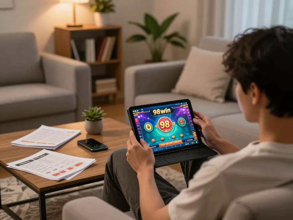 Experience vibrant online gaming action with 98win on a cozy home setup.