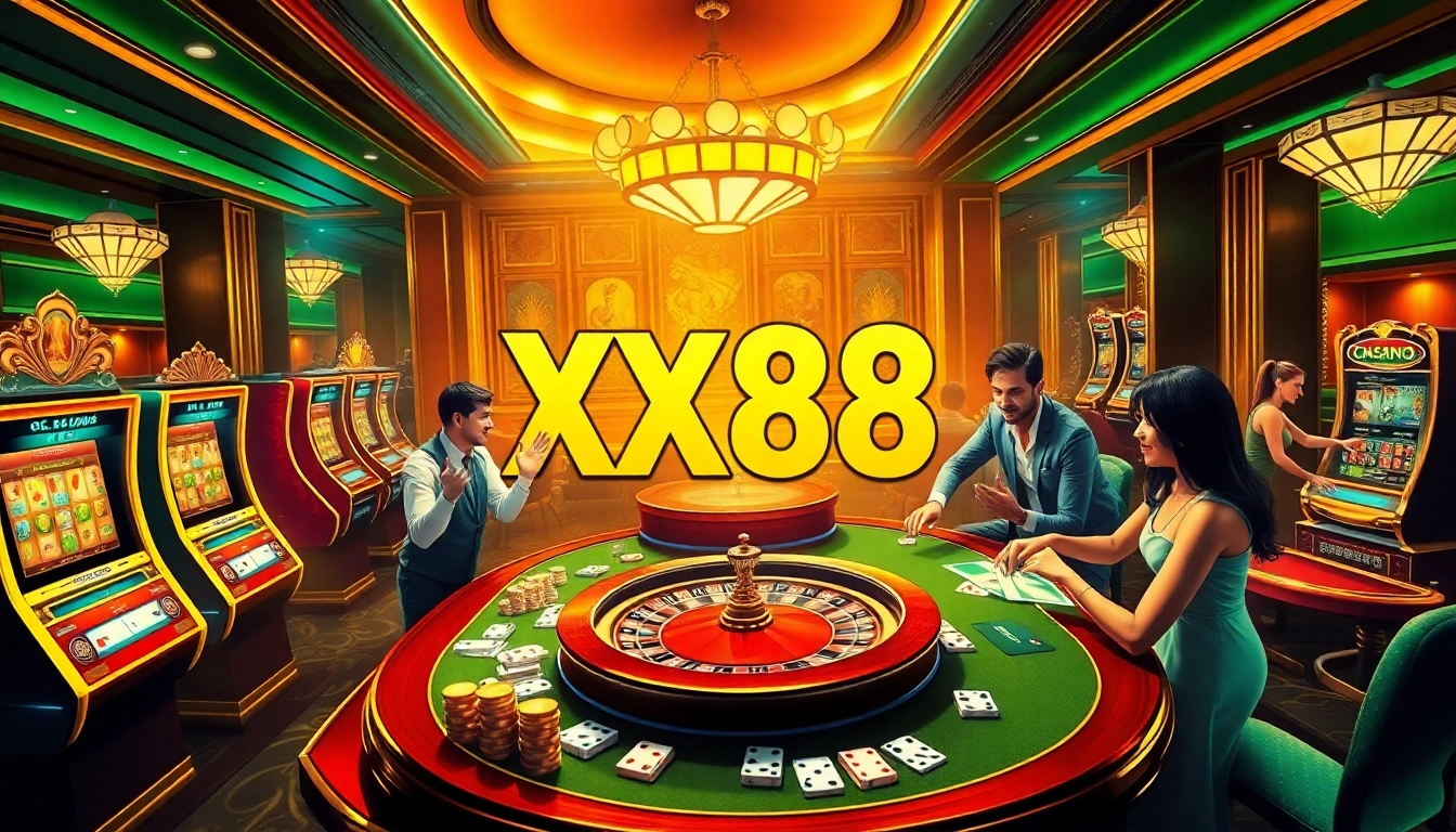 Excited players enjoy thrilling games at XX88's luxurious casino.