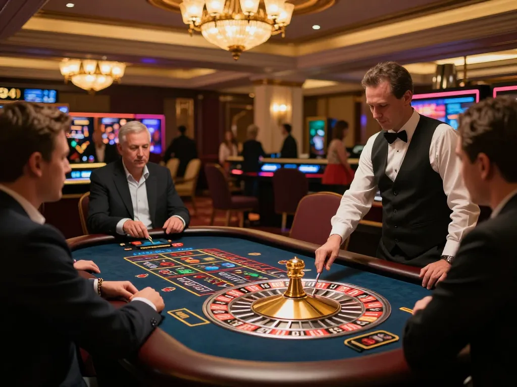 Players engaging at an O8 roulette table, experiencing the thrill of casino betting.