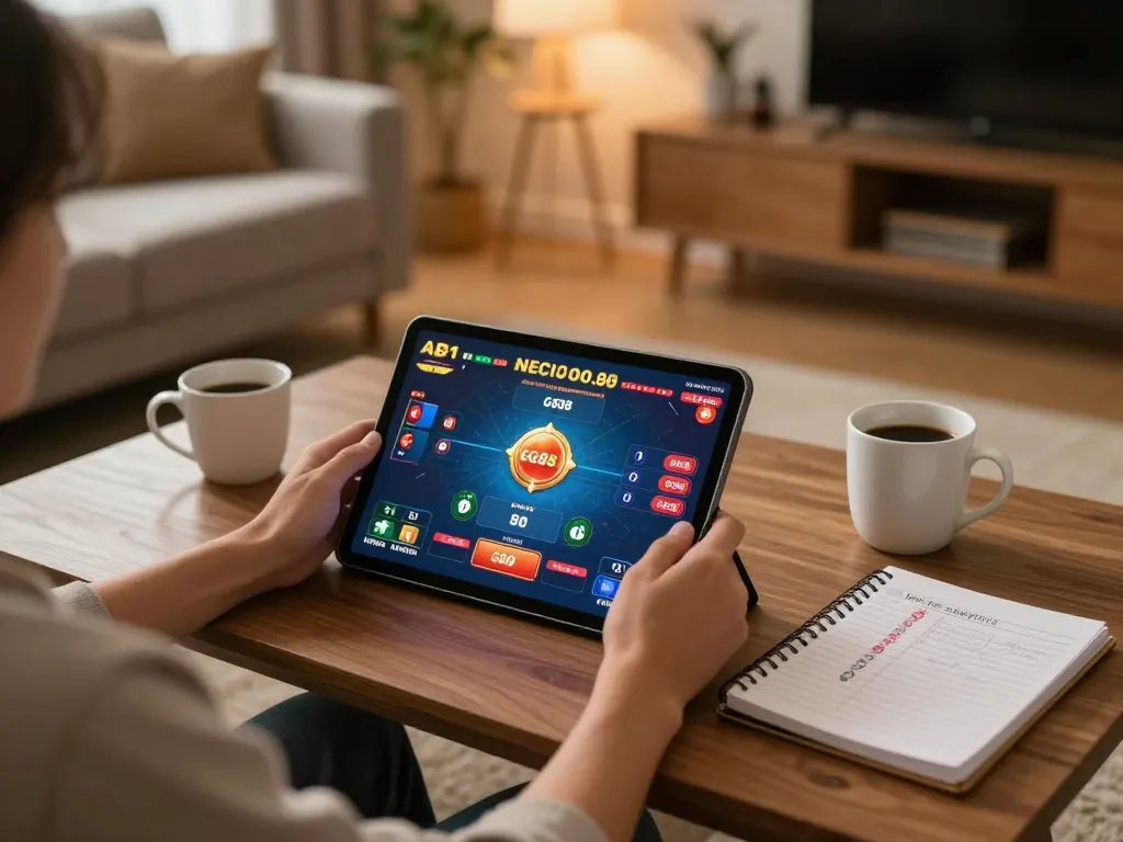 Player enjoying GG88 online casino gaming on a tablet in a cozy home setting, with strategy notes.