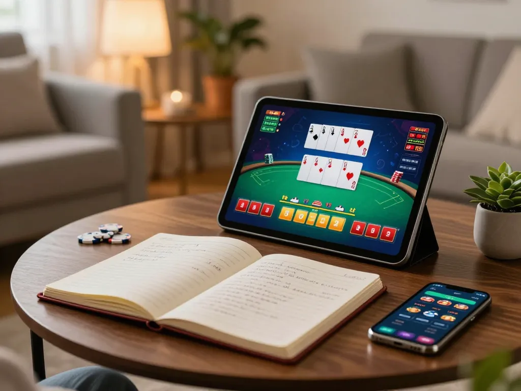 Engaging online gaming with fly8800 poker interface on tablet, showcasing responsible gambling setup at home.