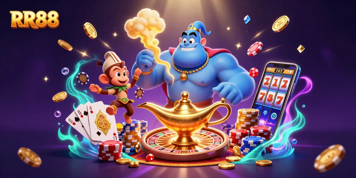 Experience the excitement of RR88 with a dynamic scene featuring a genie, magic carpet, and casino elements.