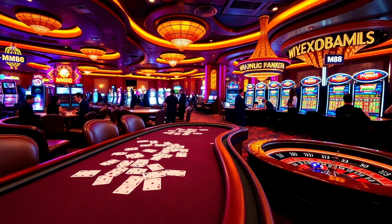 Experience MM88 gaming with exciting slot machines, poker tables, and roulette in a vibrant casino scene.