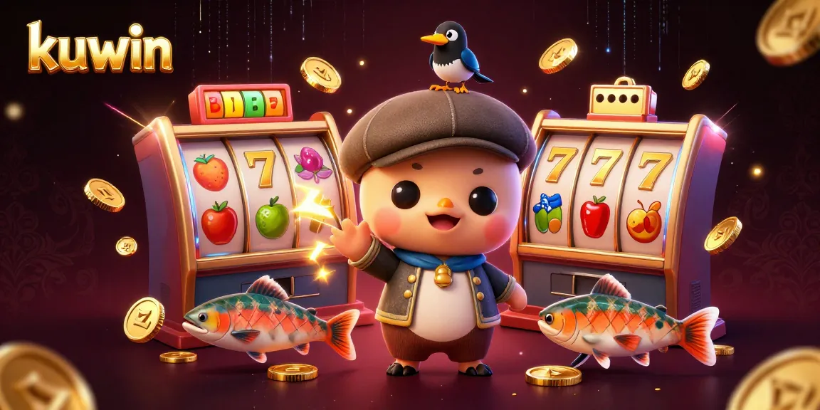 Kuwin slots illustration featuring a playful Nessie, magpie, and vibrant slot elements.