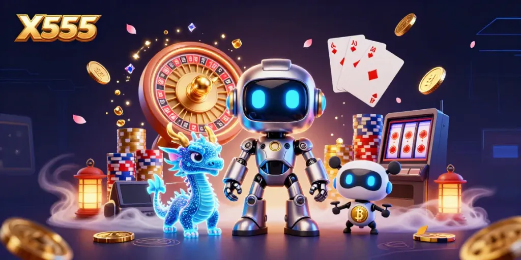 Experience thrilling wins with X555's dynamic gaming scene featuring a cyberpunk robot, AI dragon, and bitcoin drone.