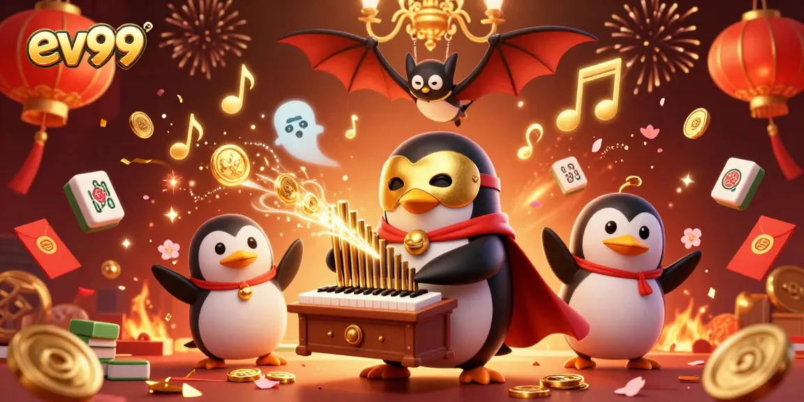 ev99 showcases a vibrant online casino scene with a penguin character playing the organ, surrounded by festive elements.