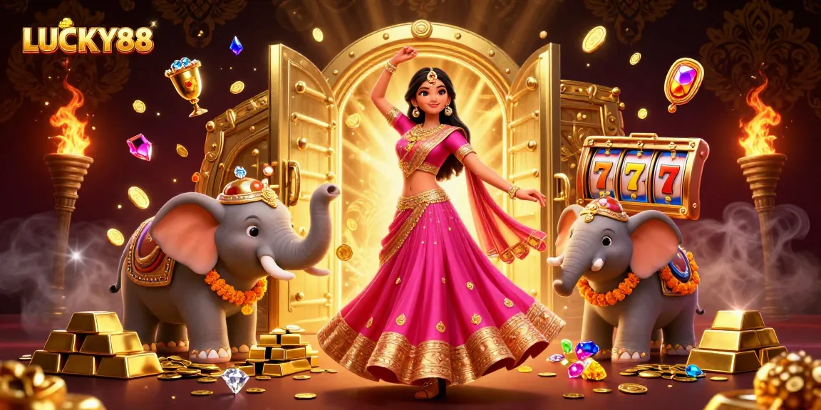 Experience thrilling gameplay with LUCKY88 slot machine and vibrant gold elements.