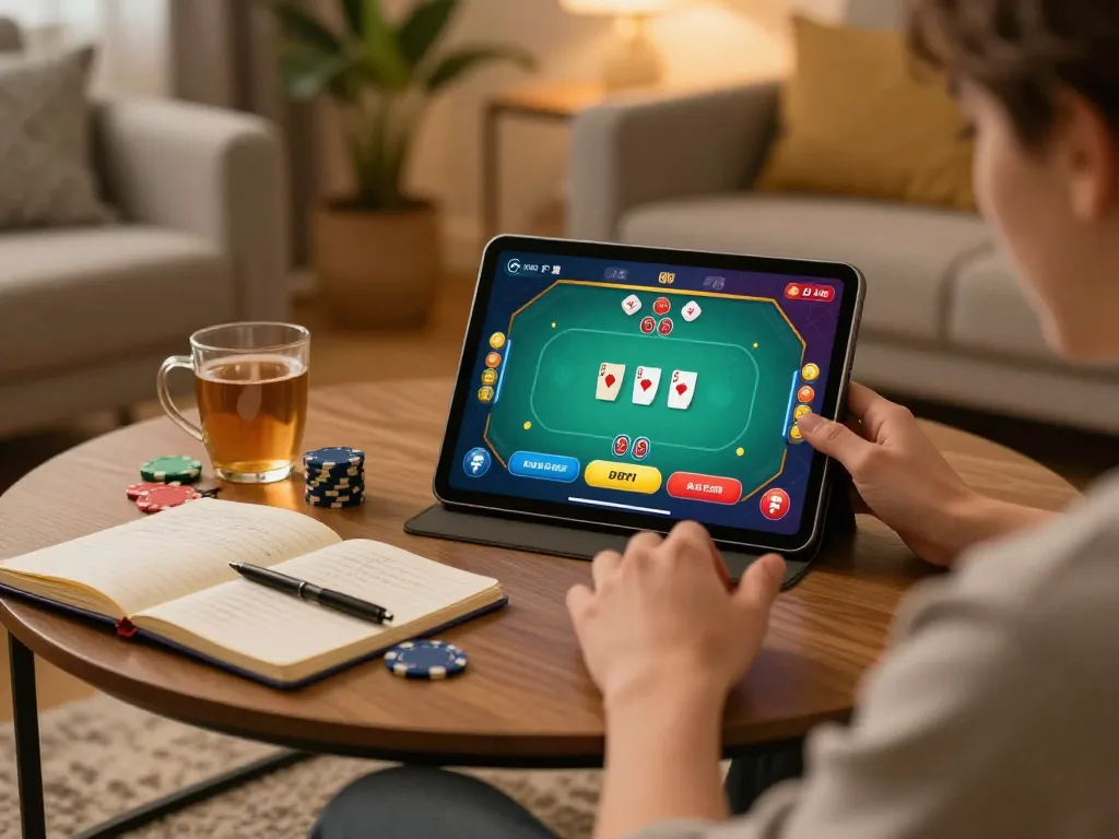 Engaging in online casino games at home with nhà cái fun79 interface on tablet, showcasing an immersive gaming atmosphere.