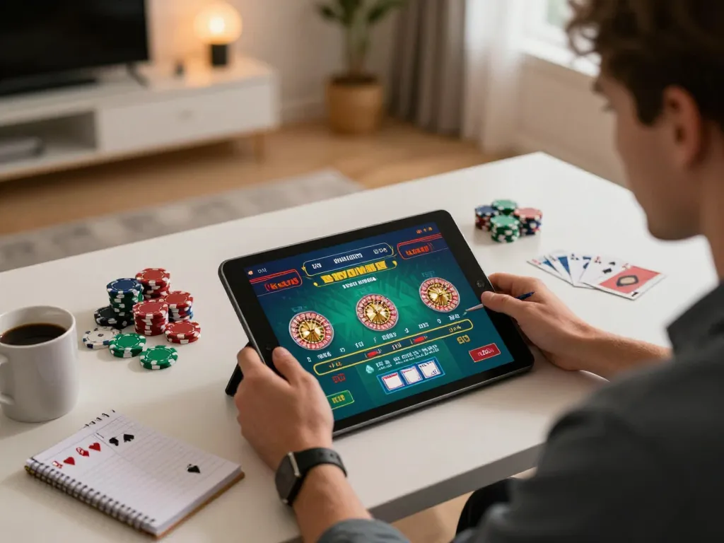 Player engaging in live dealer gameplay on rr88 in a cozy home setting with vibrant atmosphere.
