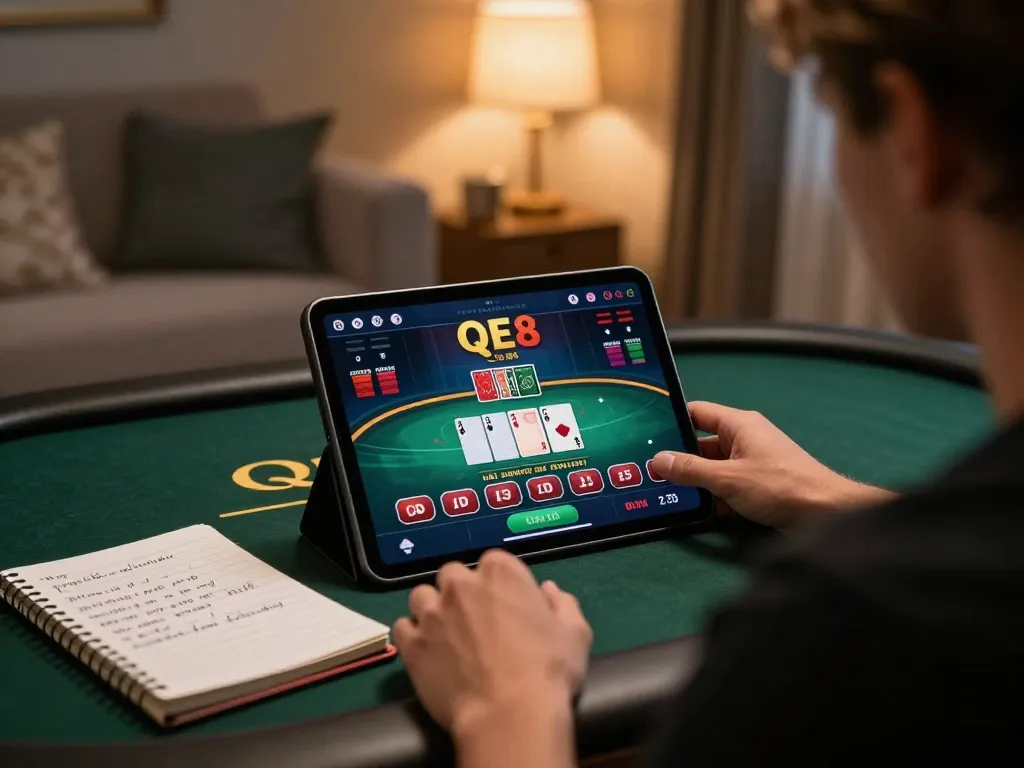 Engaged player enjoying QE8 online casino poker game on tablet in cozy home setting.