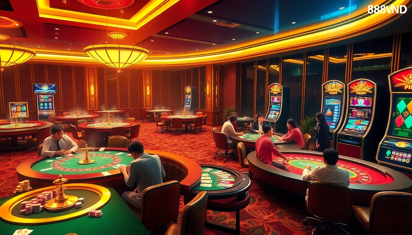 Players enjoying high-stakes games at 888VND casino, featuring poker chips and vibrant slot machines.