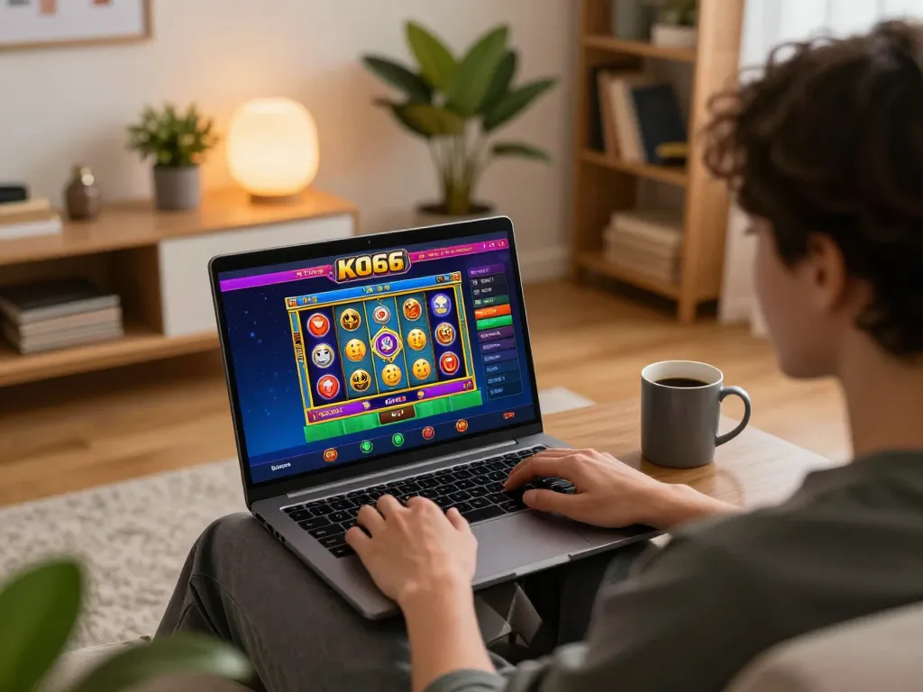 Engaging with the KO66 online casino app in a cozy home setting highlights responsible gambling