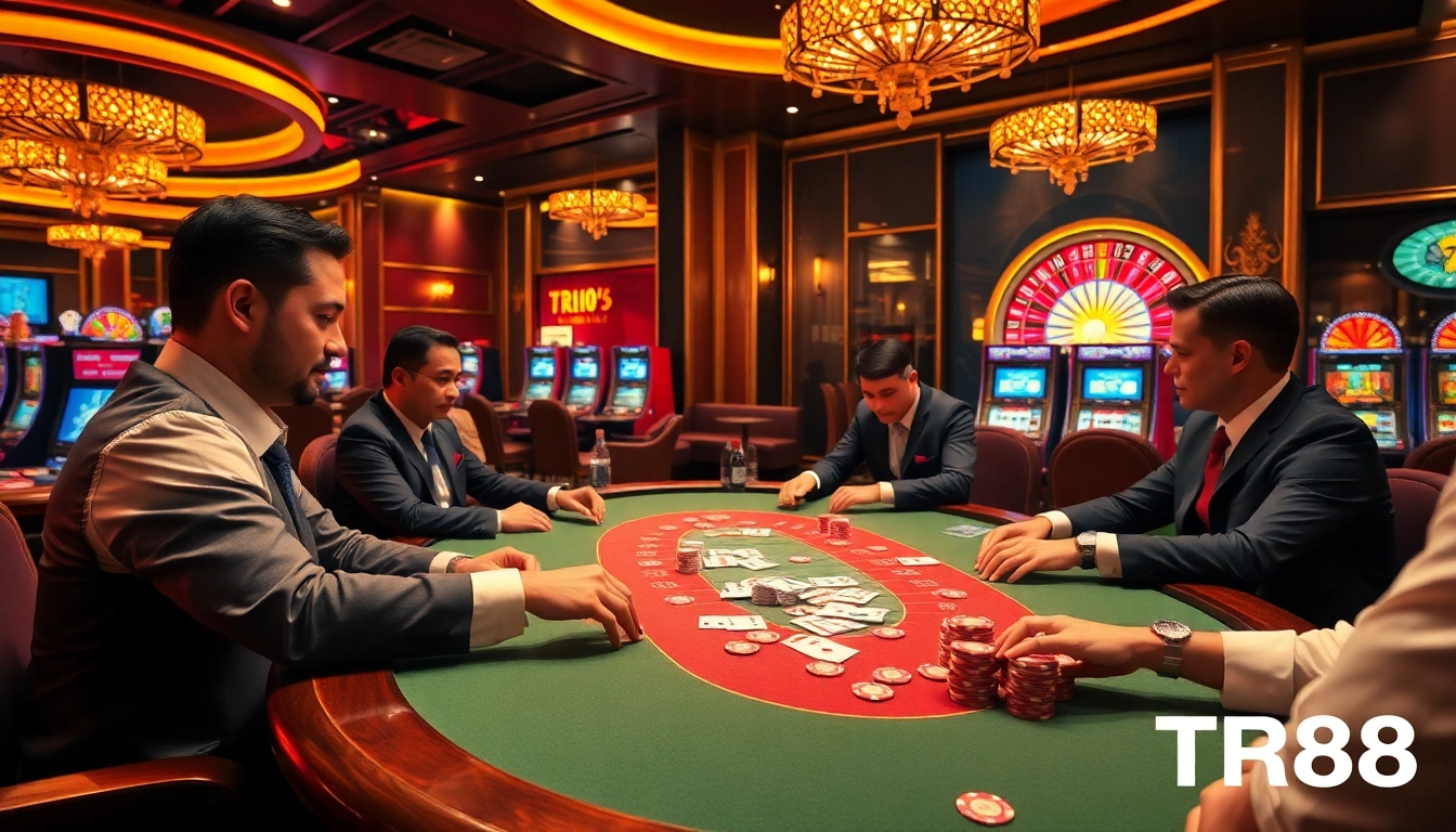 Experience the excitement of TR88 at a lavish casino poker table with vibrant chips and cards.
