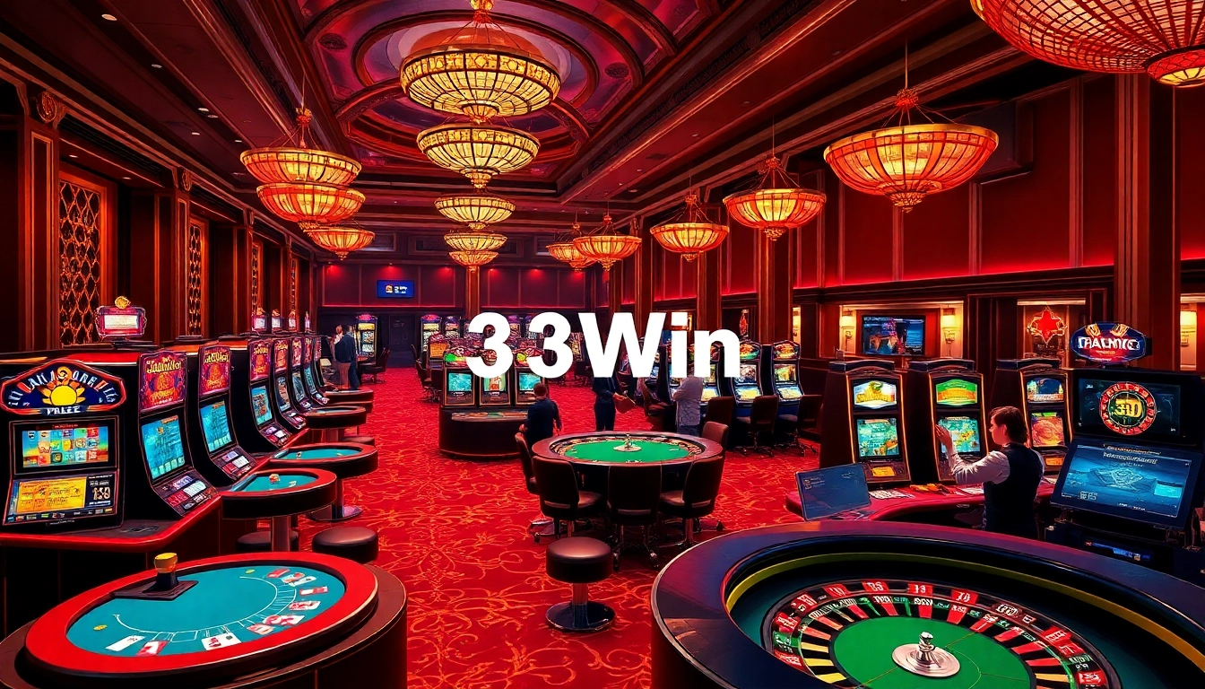 33Win casino scene showing vibrant tables, excited players, and luxurious gaming atmosphere.
