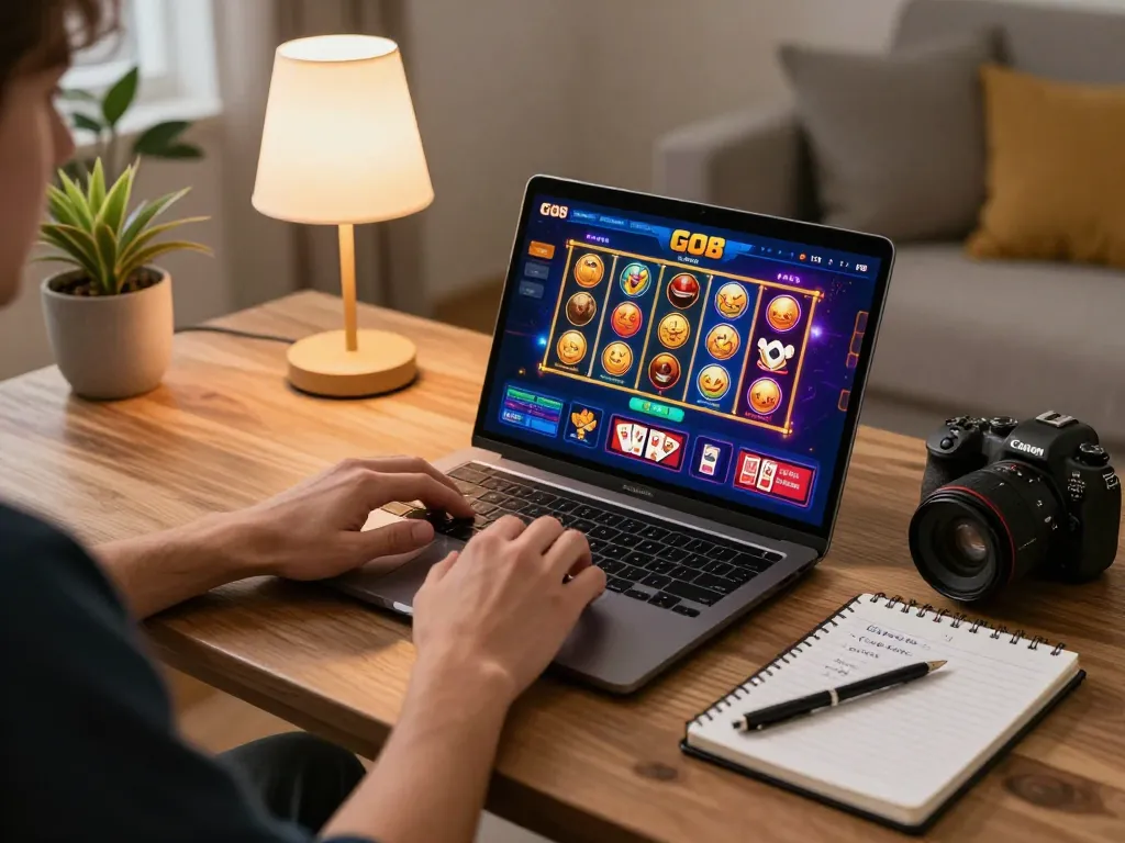Player engaging with GO8 online casino gaming on a stylish laptop in a cozy home setup.