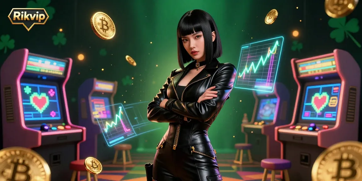 Engage with Rikvip in a vibrant casino scene featuring 3D arcade games, Bitcoin coins, and a striking Asian woman in leather.