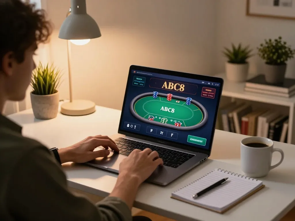 Play poker online on ABC8 with a laptop, enjoying a cozy home setup for gambling.