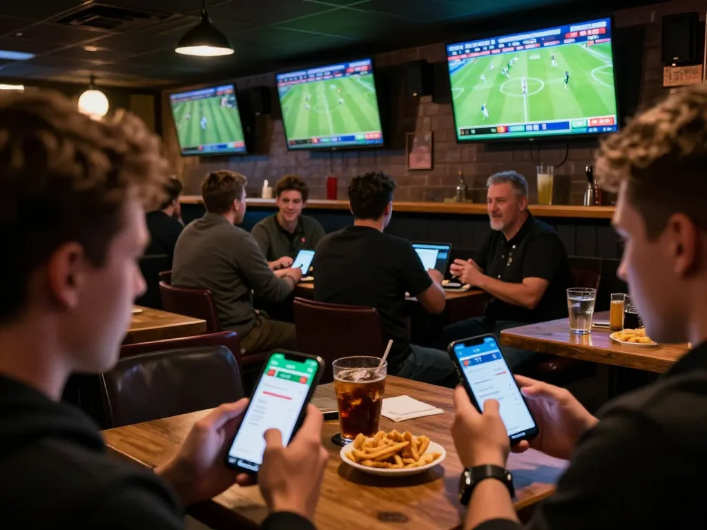 Bongdalu users actively placing sports bets using sleek apps in a vibrant environment.