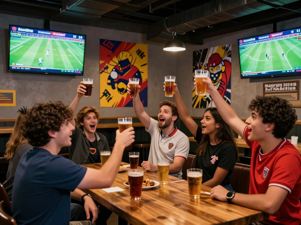 Socolive fans celebrating while watching a live football match on screens in a sports bar setting.