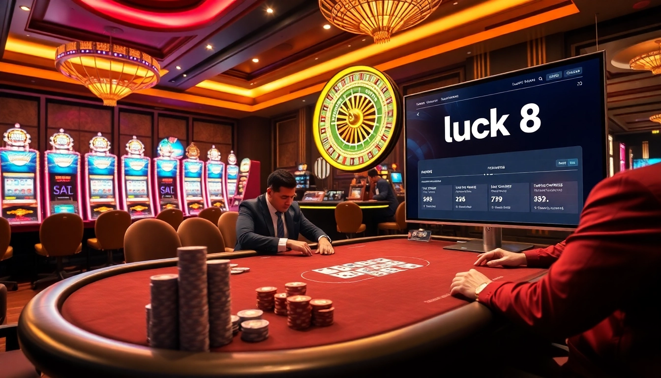 Experience a thrilling poker game at Luck8 casino with vibrant slot machines and roulette ambiance.