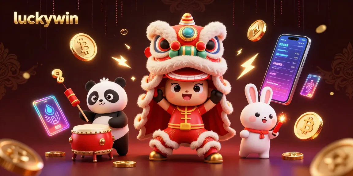 Experience the thrill of luckywin with vibrant characters and exciting game elements in this casino-themed 3D illustration.