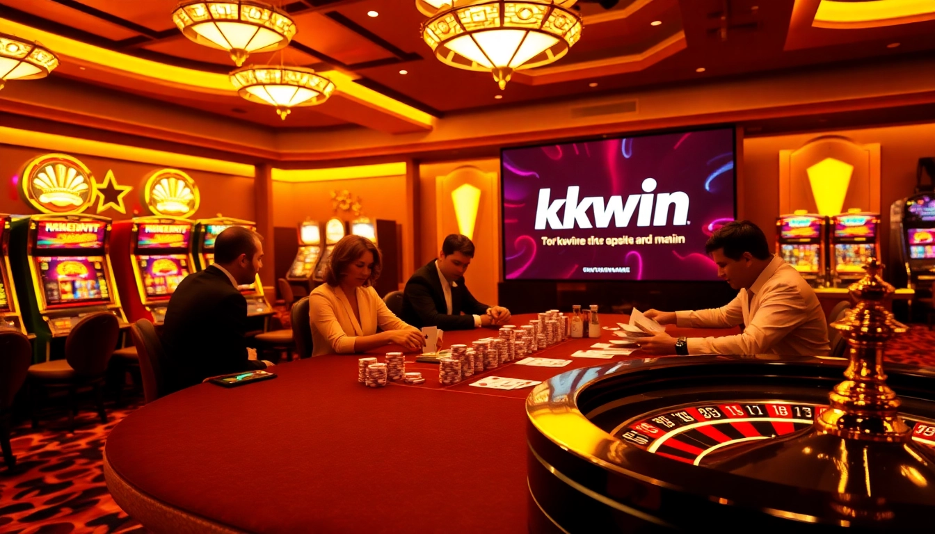 Kkwin casino table with players and vibrant slot machines in a luxurious atmosphere.