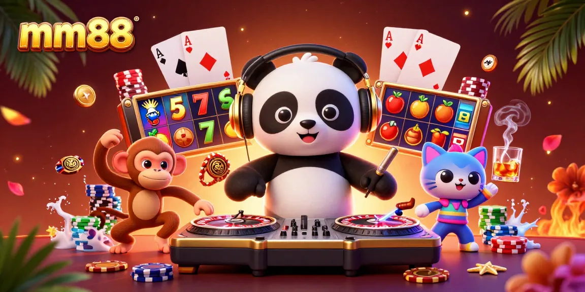 Experience mm88's vibrant casino scene with cartoon characters enjoying slots and poker action.