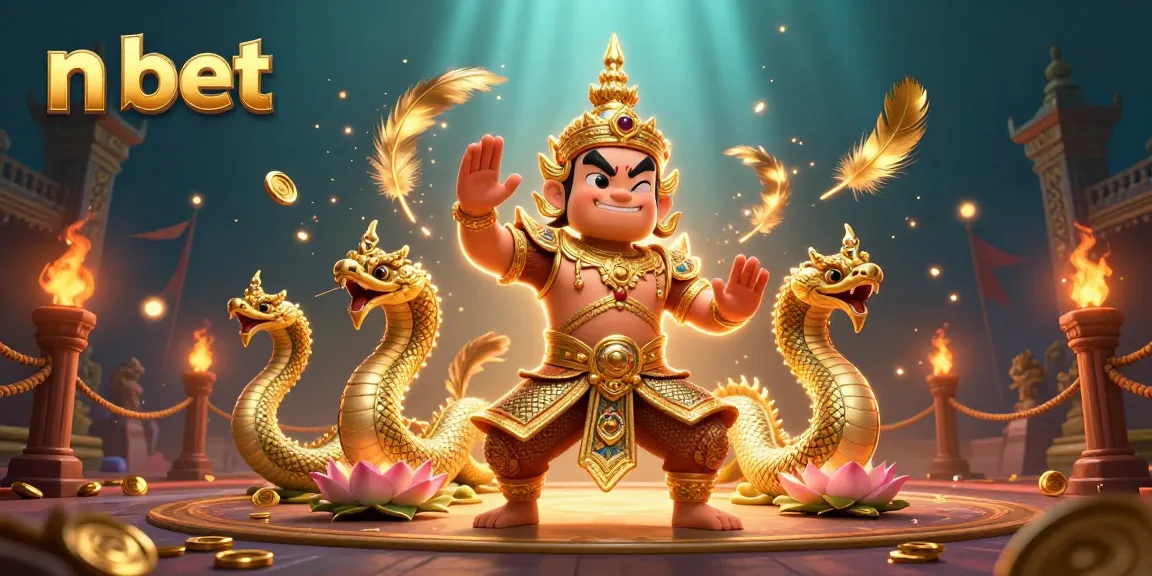 Engage in n bet with a vibrant 3D illustration showcasing a Thai temple guardian and Naga companions.