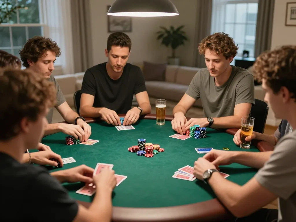 33win poker night with friends engaged in gameplay, vibrant chips, and cards on the table captured in a social setting.