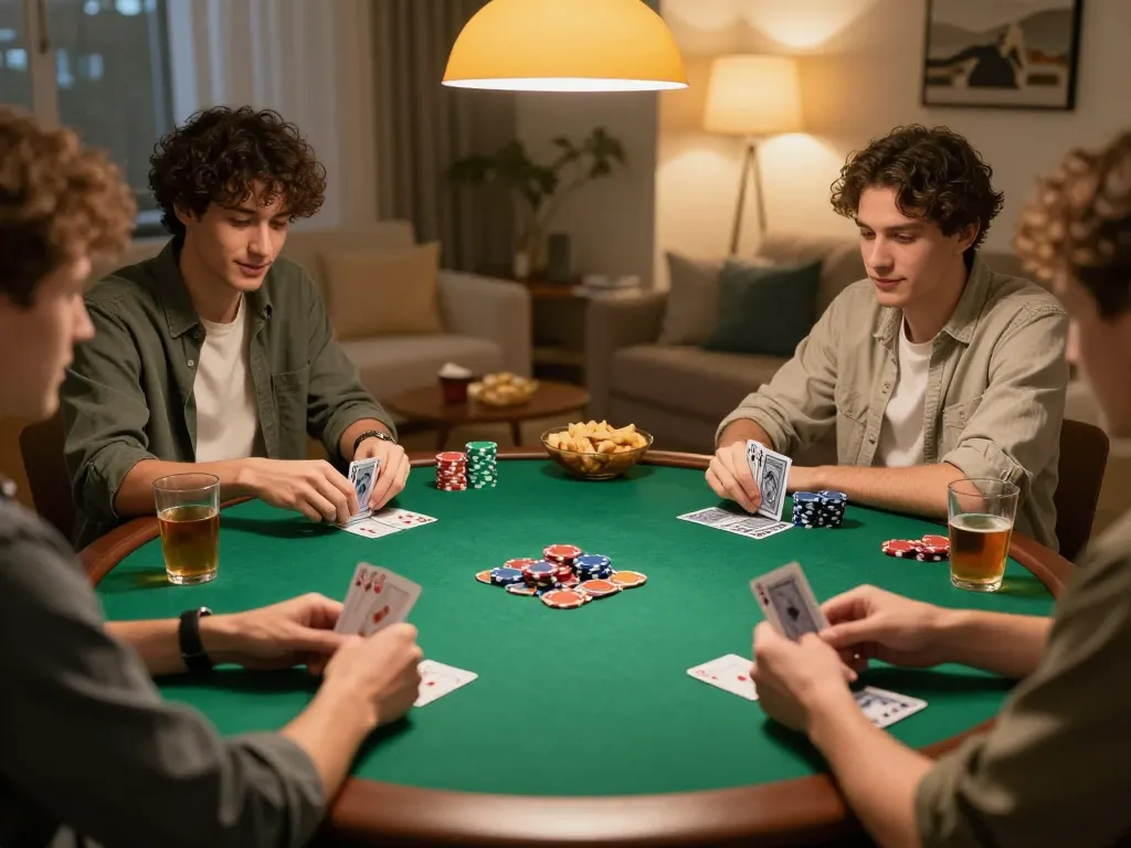 Friends strategizing in an exciting home poker game with chips, cards, and drinks, featuring NK88