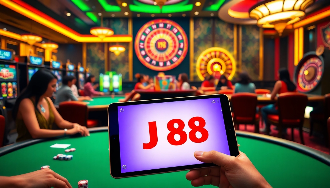 Experience thrilling moments at J88 casino tables with players placing bets and winning big.