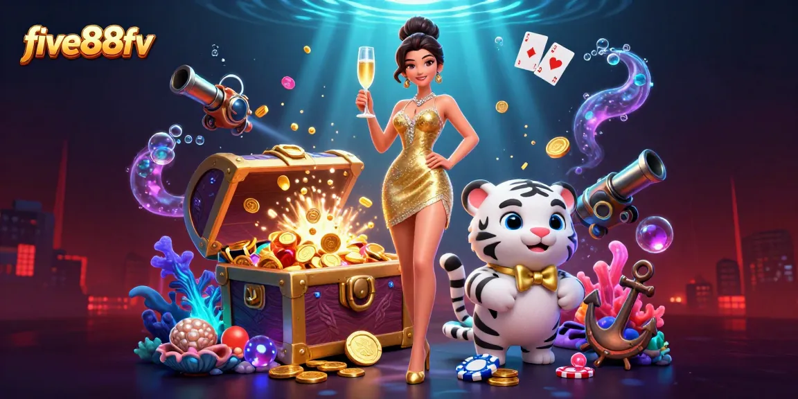 Experience thrilling wins at five88fv with a glamorous woman and a lucky tiger in a festive casino scene.