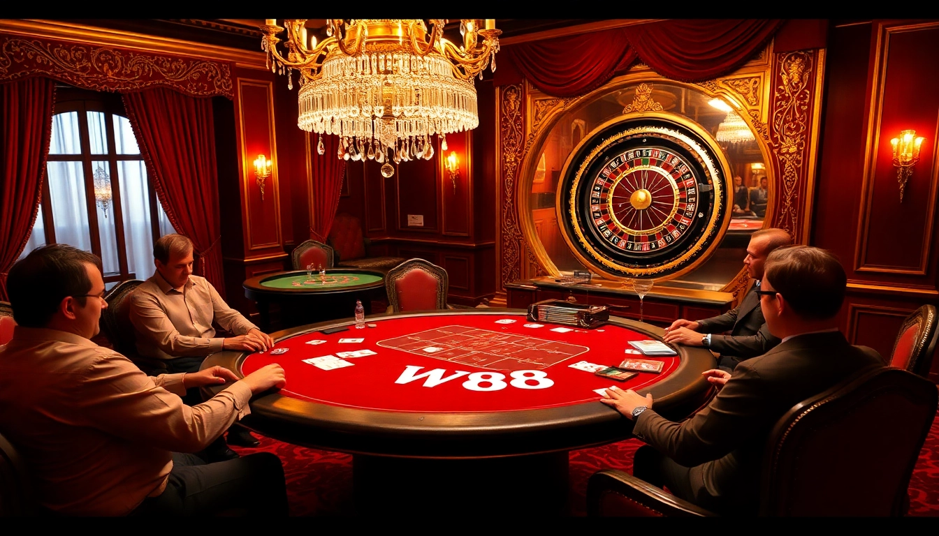 W88 players at a luxurious poker table betting with chips and cards in a sophisticated casino atmosphere.