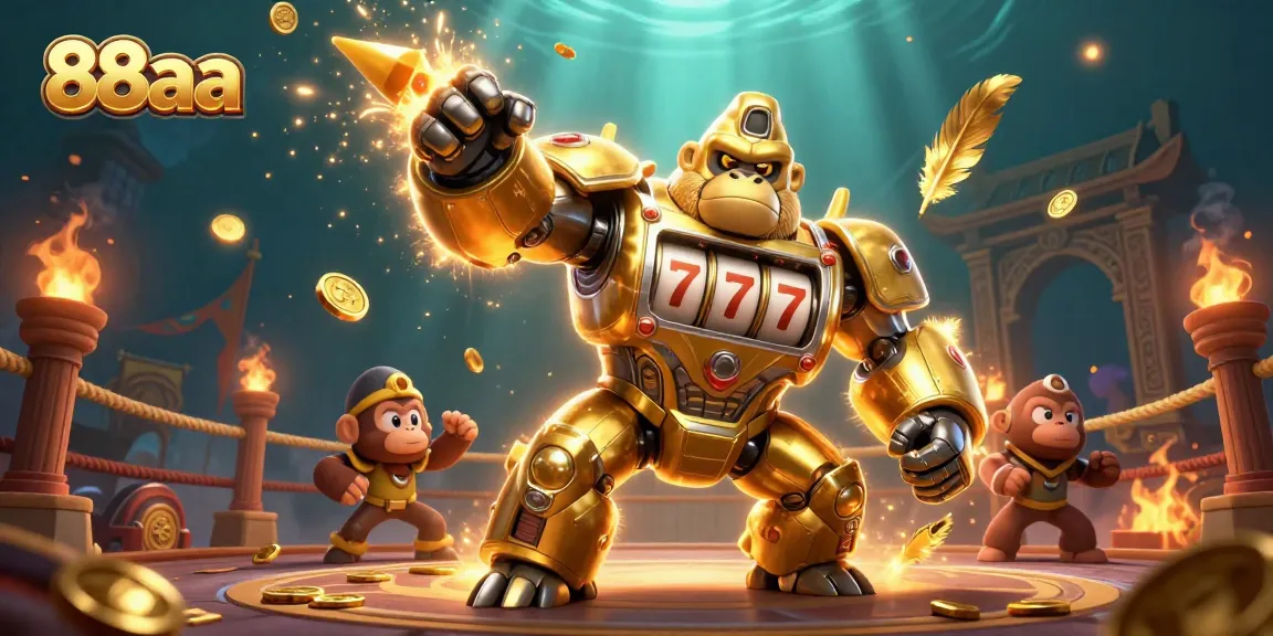 Play exciting slot games at 88aa with dynamic golden gorilla mech and vibrant casino elements surrounding it.