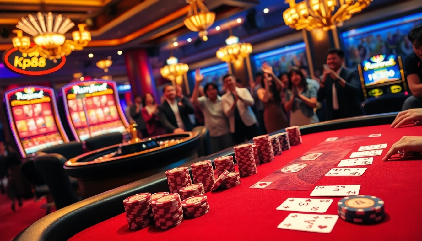 Players engaging in high-stakes poker at KP88 casino, showcasing luxury and excitement.