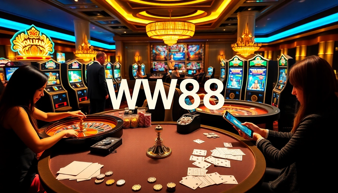 ww88 players enjoying vibrant casino games and online gaming experiences in a luxurious setting